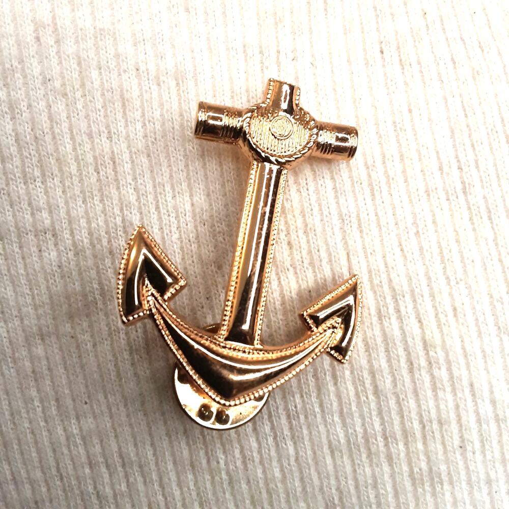💎Military Navy Anchor Brooch Gold Tone Dotted Border Double Pins